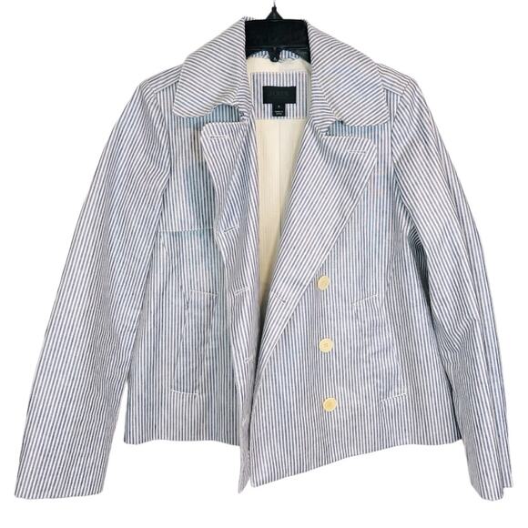 J. Crew Waxed Linen Blue and White Striped Crop Trench Jacket - Picture 6 of 16